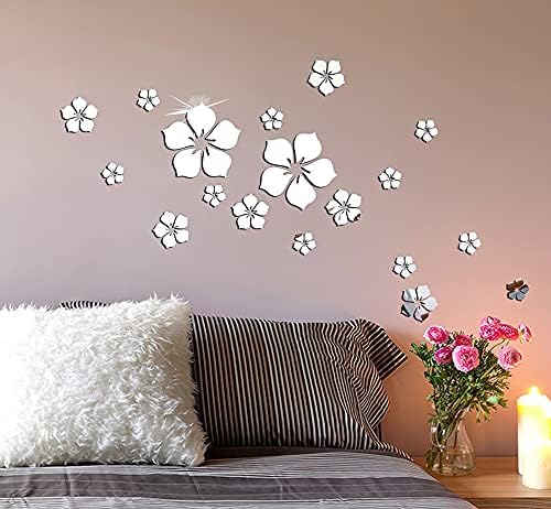 Philbinden Acrylic Mirror Floral Wall Stickers Self Adhesive Mirror Wall Decor Removable Mirror Decor 3D Flower DIY Wall Sticker for Living Room Bedroom Bathroom (Silver) - Image 2