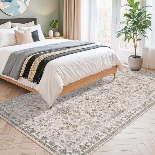 4x8 Rug Washable for Entryway Kitchen – Non-Slip Rubber Backed Area Rug for Hallway Bedroom Living Room Office,Boho Floral Low Pile Thin Floor Indoor Mat (Beige,4x8) - Image 4