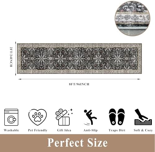 2x8ft Kitchen Rug Runners Washable Non Slip – Boho Floral Carpet Runner for Hallway, Bathroom, Bedroom, Entryway – Soft Low-Pile Thin Long Kitchen Floor Rug (Black, 2x8) - Image 2