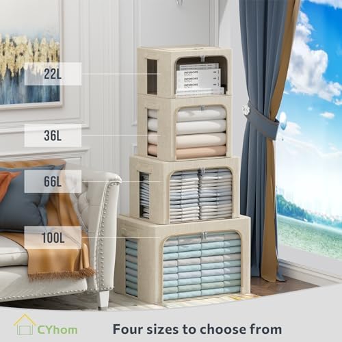 CYhom Clothes Storage Bins Box - Linen Fabric Foldable Stackable Container Organizer Set with Clear Window & Carry Handles & Metal Frame for Bedding, Blankets, Books (Beige, Medium-36L) - Image 3
