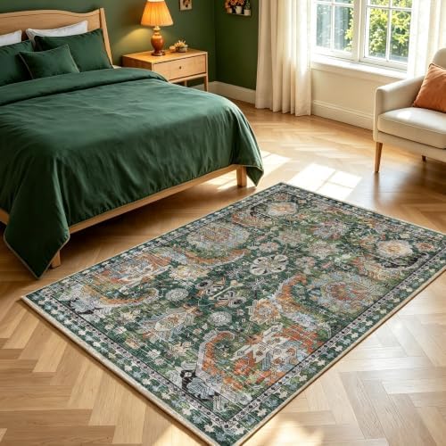 RUGSURE Washable Area Rugs - Perfect for Living Room, Bedroom, Kids Room, Nursery - Stain & Water Resistant Non-Slip, Pet & Child Friendly, Vintage Tribal Area Rugs (Green, 3' x 5 ') - Image 4