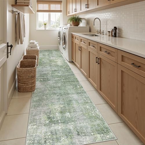 Soalmost Abstract Runner Rug 2x12 Hallway Kitchen Runners Green/Ivory - Image 4