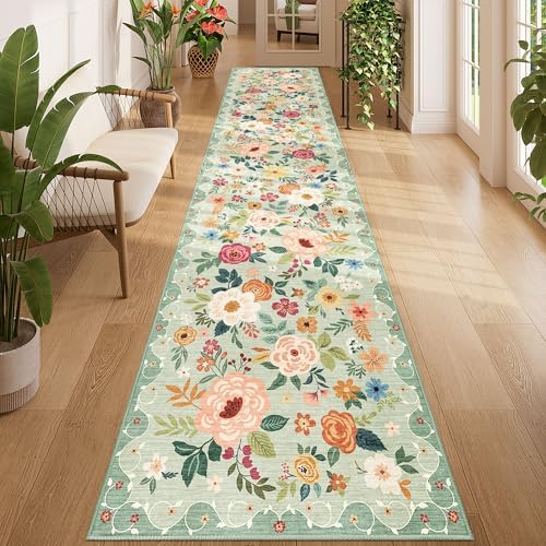 DUKINO 2.6x12 Kitchen Runner Rug, Floral Non Slip Long Washable Rug, Green by DUKINO