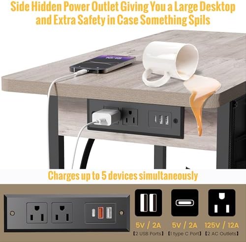 Yenlure Small Side Table with Charging Station, Narrow Nightstand Bedside Tables with Storage Pocket for Living Room Bedroom, Sofa End Table with USB Ports and Power Outlets for Small Spaces, Greige - Image 4