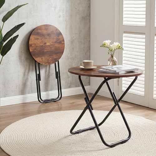 VECELO Patio Outdoor Side Table Set of 2,17.7 inch Small Folding Table Round Waterproof Wood Table,Foldable Anti-Rust Metal Legs Snack Desk for Garden Balcony,Yard,Living Room - Image 2