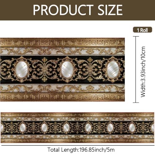Black Gold Wallpaper Border 196.9 x 3.9 Inch Wall Border Trim Peel and Stick Vintage Pattern PVC Decorative Molding Sticker for Living Room Bathroom Kitchen Backsplash Hotel Home Decoration - Image 2
