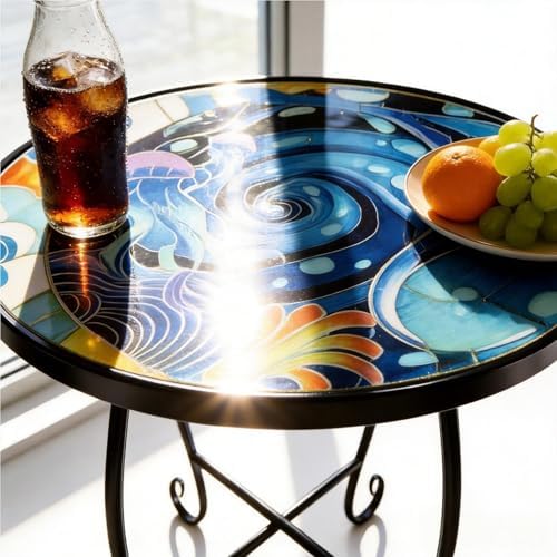 Small Mosaic Outdoor Side Table, 10-Inch Round Metal Patio Table - Image 3