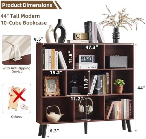 LEYAOYAO 10 Cube Bookshelf, Mid-Century Modern Book Shelf with Legs, Walnut - Image 2