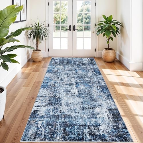 4x10 ft Extra Wide Hallway Rug – Non-Slip Washable Rubber-Backed Large Carpet Runner for Kitchen, Entryway | Modern Abstract, Low-Pile Thin Floor Mat for Bedroom Living Room Dining Room（Navy Blue） by ZHXXUJ