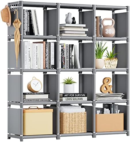 Mavivegue Book Shelf, 12 Cube Storage Organizer, DIY Bookcase, Metal Cube Bookshelf,Tall Book case for Bedroom, Living Room,Office,Closet Storage Organizer, Grey Cubicle Storage Rack by Mavivegue