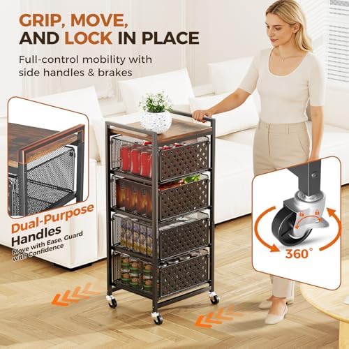 5 Tier Kitchen Storage Cart with Wheels, Utility Fruit Vegetable Storage Rack Stand with Pull-Out Baskets & Wood Top, Metal 4-Drawers Rolling Snack Cart, Kitchen Cart for Potato Onion(Black) - Image 6