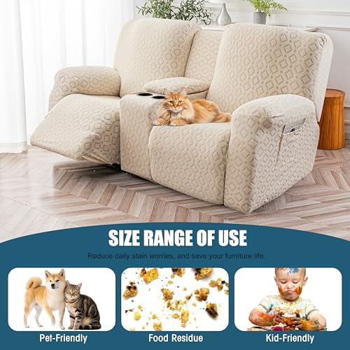 Genina Waterproof Recliner Loveseat Cover,2 Seat with Console,Beige - Image 6