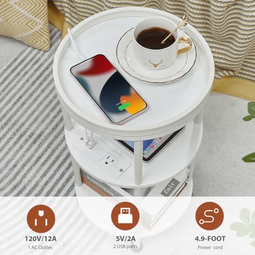 Small Round End Table with Charging Station, 3-Tier Accent Couch Beside Table with USB Ports & Power Outlets, Sofa Side Table for Living Room Small Nightstand Bedroom (USB Charger, White) - Image 5