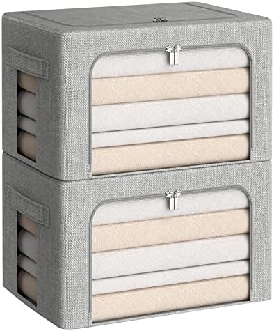 CYhom Clothes Storage Bins Box - Linen Fabric Foldable Stackable Container Organizer Set with Clear Window & Carry Handles & Metal Frame (Light Grey, Medium-36L) by CYhom