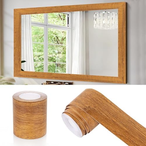 Brown Wood Grain Mirror Frame Border Peel and Stick Wallpaper, Self Adhesive Removable Waterproof Wallpaper for Bathroom Decor, Peel and Stick Mirror Tape Border Kitchen Decor 1.96" x 590" by Avinyl