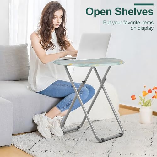 TV Tray Round Table, Small Foldable Table, Portable Dinner Table for Eating, Snack Side Trays Table Set of 2, No Assembly Required (Ocean Blue Marble, 2Pcs) - Image 5