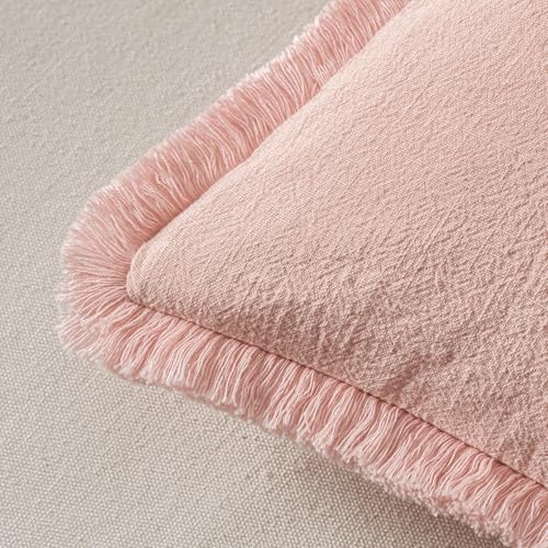 MIULEE Boho Linen Fringe Decorative Throw Pillow Covers Pink 20x20 - Image 3
