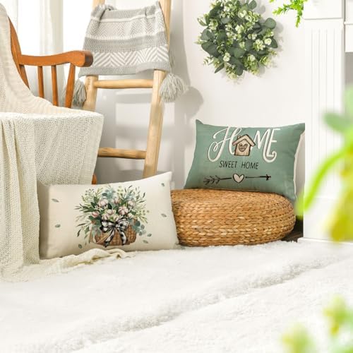 AVOIN colorlife Bless Our Home Farmhouse Eucalyptus Leaves Throw Pillow Covers, 12 x 20 Inch Blue Truck Home Sweet Cushion Case Decorations Set of 4 - Image 2