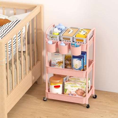 MOYIPIN 3-Tier Plastic Rolling Utility Cart with Handle,Pink - Image 5