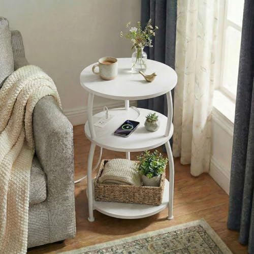 Round Side Table with Power Outlet, USB Type C Port, 3-Tier End Table - Image 4