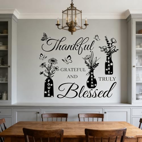 Thankful Grateful Blessed Wall Decal - Inspirational Quote with Floral Vase & Butterfly Stickers, Power Dream Brave Vinyl Wall Art for Living Room, Bedroom, Kitchen, Farmhouse Home Decor - Image 3