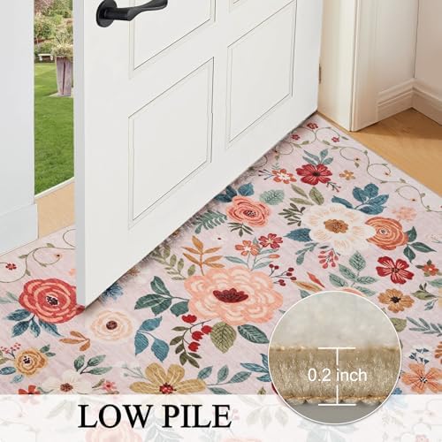DUKINO 4x4 Square Area Rug, Soft Floral Washable Rug for Entryway, Beige - Image 7