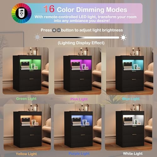 Yusong Night Stand with Gun Drawer & Invisible Lock, Bedside Table, LED Nightstand with Charging Station, Modern Night Stand, Wood Sofa Couch End Side Table with 2 Pull-Out Shelf (Black 002) - Image 5