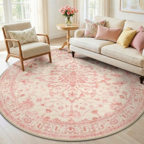 RELEANY Washable Area Rug, Round 6ft, Pink/Light Vintage Pink by RELEANY