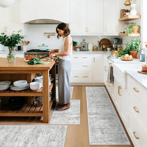 Washable Kitchen Rugs Sets of 4, Non Slip Standing Mat Rug, Stain Resistant Waterproof Kitchen Mats for Floor Kitchen Sink Laundry Entryway (Grey Ivory, 2x3+2x4+2x5+2x6) by BYYVOORugsforYourHome