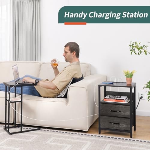 Yoobure Nightstand with Charging Station, Small Night Stand with Fabric Drawers and Storage Shelf for Bedrooms, Nightstands for Small Spaces, Bedside Table with USB Ports & Outlets, Bed Side Table - Image 4