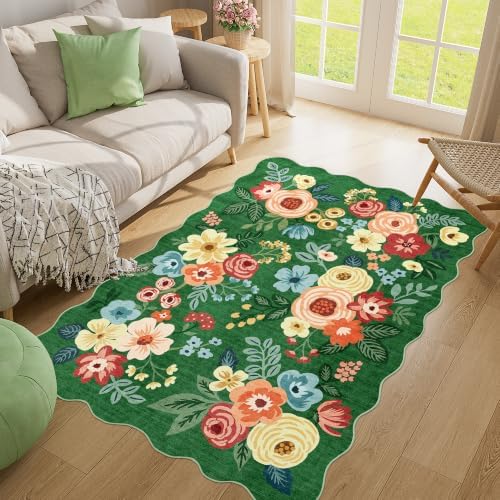 DUKINO 3x5 Area Rugs, Non Slip Floral Washable Rug for Bedroom, Dark Green - Image 3