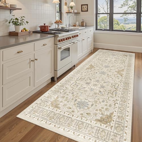 Madane 4x8 Wide Hallway Runner Rug Washable for Living Room, Beige/Blue - Image 2