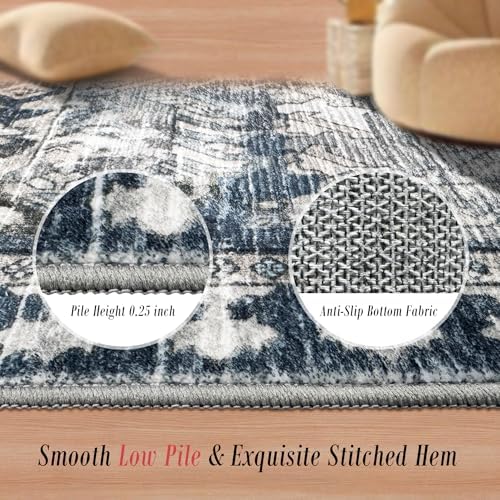 RUGSURE Washable Area Rugs - Perfect for Living Room, Bedroom, Kids Room, Nursery - Stain & Water Resistant Non-Slip, Pet & Child Friendly, Vintage Tribal Area Rugs (Grey and Blue, 3' x 5 ') - Image 3