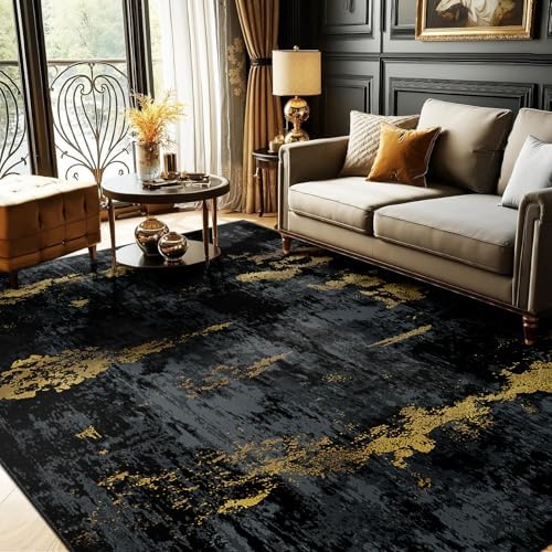 RELEANY Washable 5'x7' Abstract Area Rug for Living Room Black Gold by RELEANY
