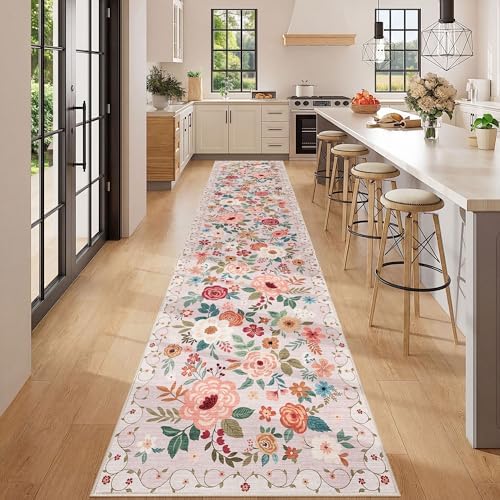 DUKINO 2.6x12 Kitchen Runner Rug, Floral Non Slip Long Washable Rug, Beige - Image 3
