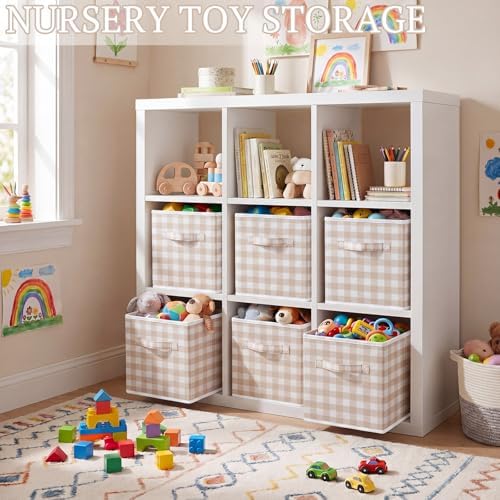 Yalikop 6 Pcs Beige Gingham Cube Storage Bins, 11 Inch Fabric Checkered Classroom Storage Bins Organizer with Handle Preppy Collapsible Cubby Basket for Classroom Home Nursery Playroom Bedroom - Image 3