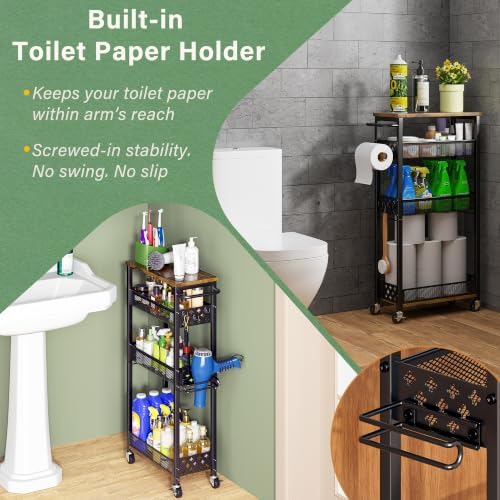 OKZEST Slim Bathroom Organizers and Storage Cart with Toilet Paper Holder - Image 3