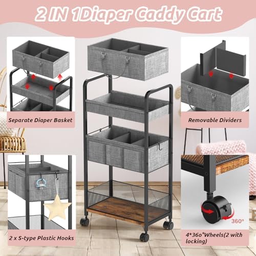 LIDTOP 2In1 Baby Diaper Caddy & 3-Tier Rolling Diaper Cart, Diaper Caddy Organizer Cart with Dividers, Mobile Metal Utility Cart for Nursery Essentials, Detachable Bedside Cart, Large Capacity - Image 6