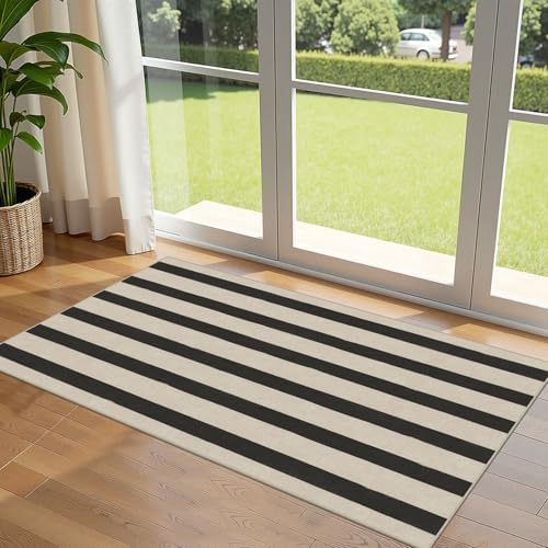Front Door Mat Indoor Entrance - 2x4.3 Ft Black White Striped Rug by Othilic