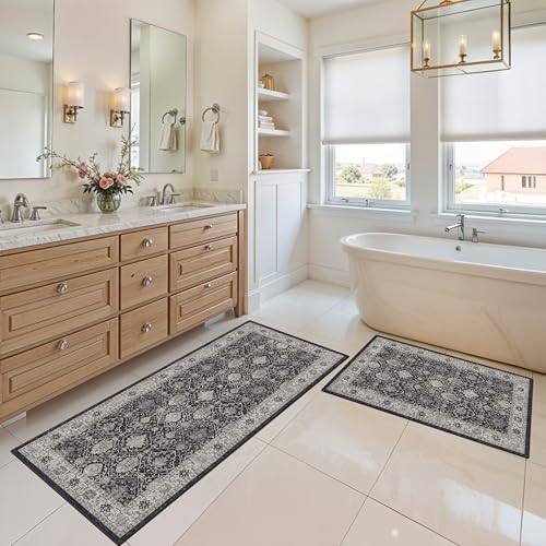 Washable 4-Piece Kitchen Floor Mats: Farmhouse Non-Slip Kitchen Sink Rug Easy Clean Water-Resistant Runners for Hallway Bathroom Soft Decorative Carpet for Pet Feeding Area(2x3+2x4+2x5+2x6,Black) - Image 3