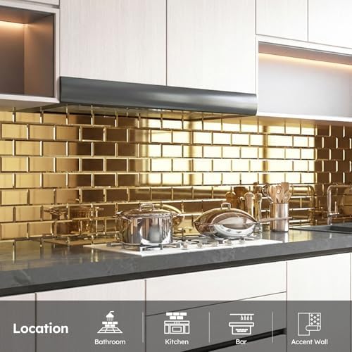 Diflart Peel and Stick Mirror Backsplash, Gold, 3x6 Inch, Beveled Mirror Subway Kitchen Bar Wall Tile (5 Sq.ft, 40 Pcs) - Image 2