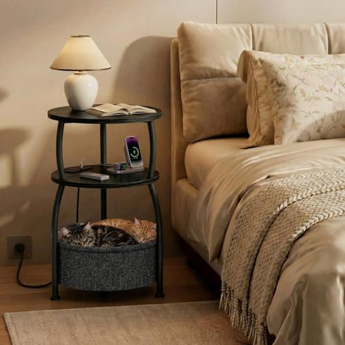 Round Side Table with Charging Station, USB Type C Port, Black - Image 4