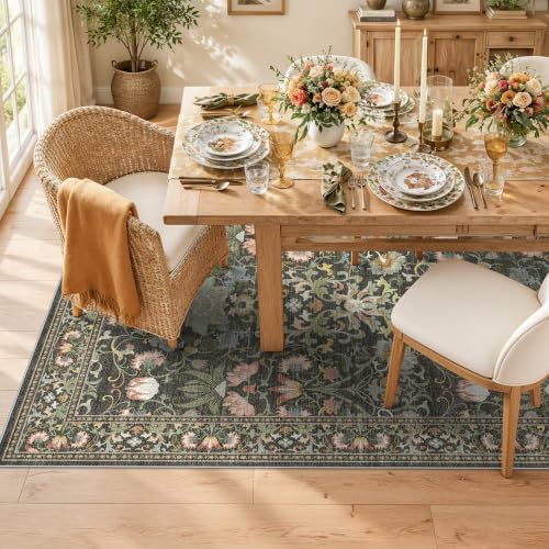 Washable 5x8 Living Room Area Rug: Vintage Water-Resistant Soft Rug for Bedroom Dining Room Non Slip Apartment Low Pile Carpet Thin Floor Mat for Dorm Home Office Printed Beside Rug(5x8，Green) - Image 2