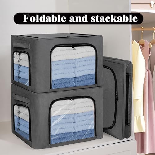 GuliPostan 3 Pack 40L Stackable Clothes Storage Bins with Metal Frame Handles & Zipper, Collapsible Closet Organizer Box with Lid for Bedding Blankets Towel (Dark Grey) - Image 2