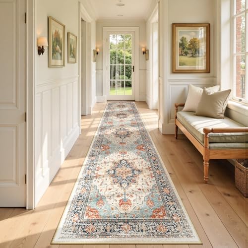 RELEANY Washable Area Rug, Runner 2'6"x14', Beige/Blue/Orange by RELEANY