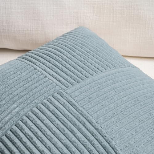 Fancy Homi Set of 2 Light Blue Decorative Throw Pillow Covers 18x18 Inch with for Couch Bed Sofa Living Room, Soft Cross Patchwork Striped Corduroy Coastal Blue Square Cushion Case 45x45 cm - Image 4