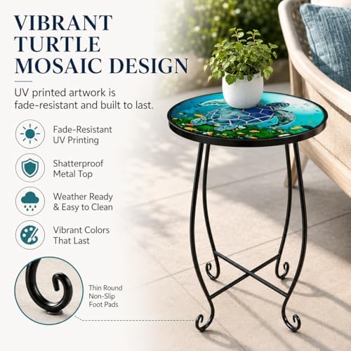2-Pack 15 Inch Tall Mosaic Patio Side Tables Style, Metal Folding Turtle Table Set, Shatterproof Outdoor Patio Table for Porch Deck, Rust Resistant Small Garden Table (Set of 2) - Image 4