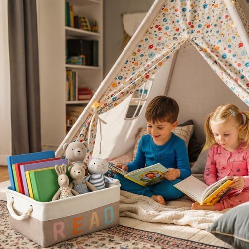 Marsui 1 Pcs Book Storage Basket, Book Bin, Bookish Gifts, White Brown - Image 6