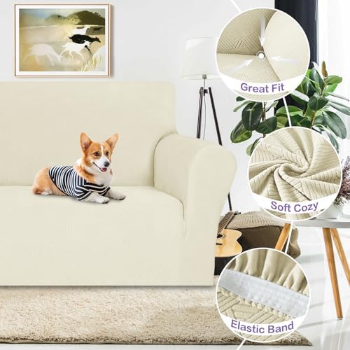 ZNSAYOTX Oversized Super Stretch Couch Cover (92"-115"), New Striped Sofa Covers Comfortable & Durable, Dog Cat Pets Friendly Extra Large Spandex Sofa Slipcovers (Beige, XL Sofa) - Image 3