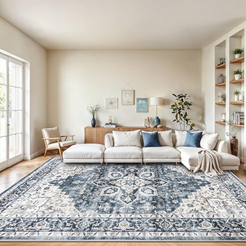 AMADA HOMEFURNISHING 8x10 Washable Area Rug, Low-Profile with Non-Slip Backing & Durable Edge Binding, Vintage Large Rugs for Living Room, Bedroom, Dining Room, Blue by AMADAHOMEFURNISHING